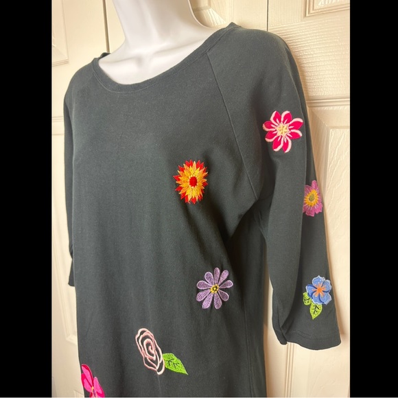 MICHAEL SIMON Lite Floral Embroidered Midi Dress Black Scoop Neck Pullover Pink - Picture 4 of 10